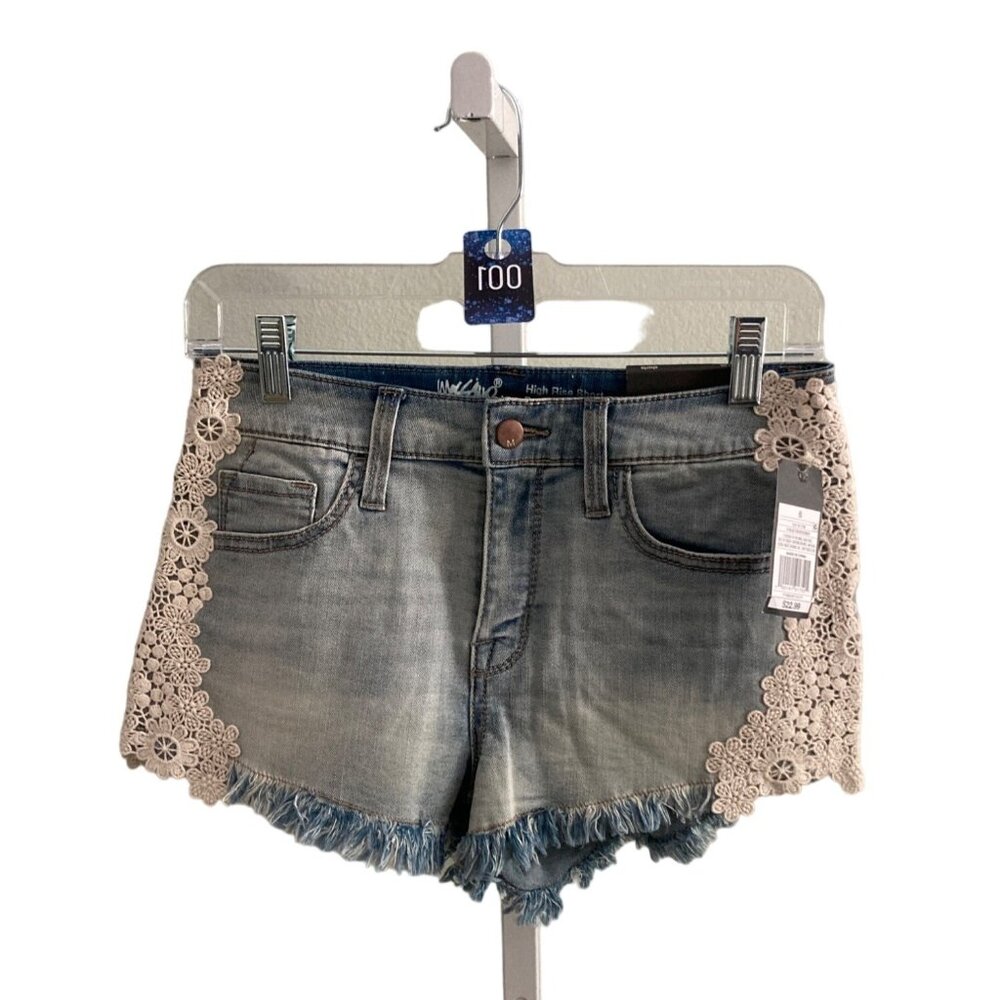 001 NWT Missimo Shorts High Rise Lace Blue Cut Raw Hem   Size 6
